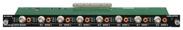 LIGHTWARE MX-3GSDI-IB: 8 channel 3G-SDI and AES/EBU input board. Converts SD-SDI, HD-SDI and 3G-SDI to DVI or HDMI with 8 channel embedded audio. Supports SDI embedded audio, S/PDIF and AES/EBU audio.