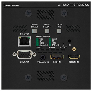 LIGHTWARE WP-UMX-TPS-TX130-US Black: HDMI1.4, VGA, DP1.1 + Ethernet + RS-232 + bidirectional IR HDBaseT wallplate transmitter for CATx cable. HDCP, 3D and 4K / UHD  ( 30Hz RGB 4:4:4 , 60Hz YCbCr 4:2:0)  support. 170m extension distance.