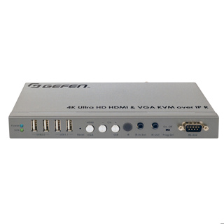 GEFEN HDMI and KVM Extender over IP (receiver unit) Extends and distributes 4KHDMI, VGA, USB 1.1&2.0, RS-232, IR and 2-way audio over a local network. Supports HDCP 2.2 and output resolutions up to 4K@30 Hz. Also features a videowall scaling engine.