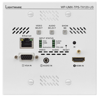 LIGHTWARE WP-UMX-TPS-TX120-US White: HDMI1.4, VGA + Ethernet + RS-232 + bidirectional IR HDBaseT wallplate transmitter for CATx cable. HDCP, 3D and 4K / UHD  ( 30Hz RGB 4:4:4 , 60Hz YCbCr 4:2:0)  support. 170m extension distance. US 2-gang wall box size.
