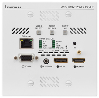 LIGHTWARE WP-UMX-TPS-TX130-US White: HDMI1.4, VGA, DP1.1 + Ethernet + RS-232 + bidirectional IR HDBaseT wallplate transmitter for CATx cable. HDCP, 3D and 4K / UHD  ( 30Hz RGB 4:4:4 , 60Hz YCbCr 4:2:0)  support. 170m extension distance.