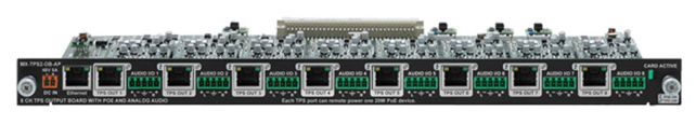 LIGHTWARE MX-TPS2-OB-AP: HDMI 1.4 and HDCP compliant 8 channel HDBaseT Output Board for single CATx cable including PoE. HDMI + Audio+ Ethernet + RS232 extension up to 170 m distance. Balanced stereo analog audio embedding and de-embedding.