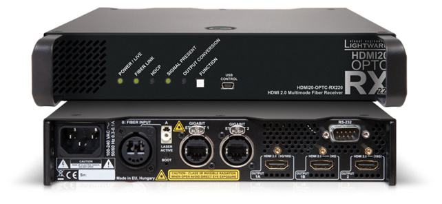 LIGHTWARE HDMI20-OPTC-RX220-PRO: Designed for rental and professional users, 1/2 rack width Pro series fiber to HDMI2.0 receiver, 700m extension. Full 4K HDMI 2.0 and HDCP 2.2 compliant, 4K@60Hz with RGB 4:4:4 colorspace, 18 Gbit/sec bandwidth.