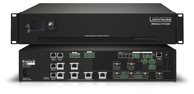 LIGHTWARE MMX8x4-HT420M : 8x4 multiport matrix switcher with advanced control functions. 4x HDMI, 4x TPS input ports and 2x HDMI, 2x TPS output ports with HDBaseT extension including PoE. Audio DSP and Microphone input. HDMI1.4 + audio + Ethernet + RS-232 + IR.