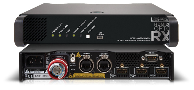 LIGHTWARE HDMI20-OPTC-RX220-FOX: Designed for rental and professional users, 1/2 rack width Pro series fiber to HDMI2.0 receiver, 700m extension. Full 4K HDMI 2.0 and HDCP 2.2 compliant, 4K@60Hz with RGB 4:4:4 colorspace, 18 Gbit/sec bandwidth.