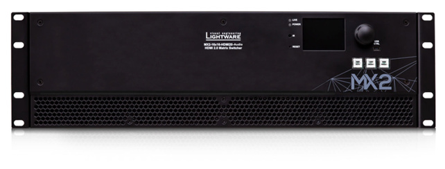 LIGHTWARE MX2-16x16-HDMI20-Audio: 16 input  and  16 output Full 4K HDMI 2.0 and HDCP 2.2 standalone matrix with audio embedding and deembedding. Uncompressed 4K@60Hz with RGB 4:4:4 colorspace, 18 Gbit/sec bandwidth. RS-232, Ethernet and USB control options.