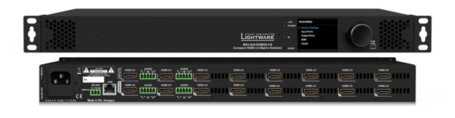 LIGHTWARE MX2-8x8-HDMI20-CA: 8 input  and  8 output Full 4K HDMI 2.0 and HDCP 2.2 standalone matrix with analog audio ports. 4K@60Hz with RGB 4:4:4 colorspace, 18 Gbit/sec bandwidth.  RS-232, Ethernet and USB control options, Pixel Accurate Reclocking.