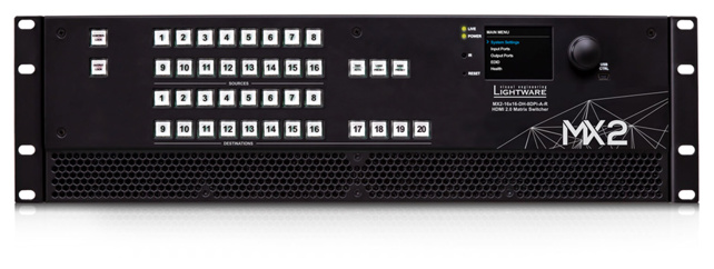 LIGHTWARE MX2-16x16-DH-8DPi-A-R: 8  DP 1.2 input, 8 HDMI 2.0 input and  16 HDMI 2.0 output Full 4K HDCP 2.2 standalone matrix with analog audio ports and redundant power supply. 4K@60Hz with RGB 4:4:4 colorspace, 18 Gbit/sec bandwidth.