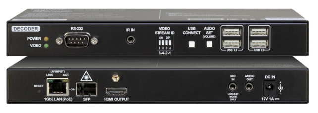 LIGHTWARE VINX-110AP-HDMI-DEC: IP based decoder with PoE via a Gigabit Ethernet network.  Analog audio input/output. 4K / UHD (30Hz RGB 4:4:4 , 60Hz YCbCr 4:2:0) are supported. Built-in scaler with videowall function. Advanced EDID Management.