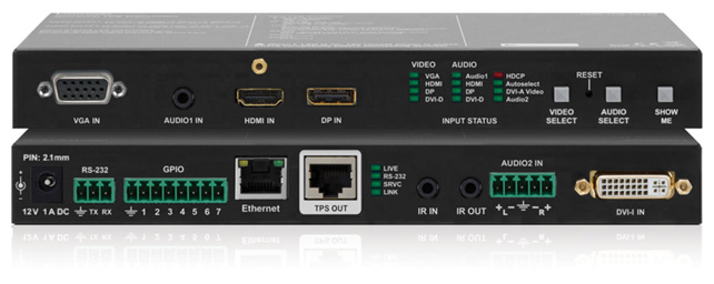 LIGHTWARE UMX-TPS-TX140-Plus: HDMI1.4, VGA, DVI, DP1.1 + Ethernet + RS-232 + bidirectional IR standalone switcher with advanced control functions. HDCP, 3D and 4K / UHD  ( 30Hz RGB 4:4:4 , 60Hz YCbCr 4:2:0)  support. Stereo local analog audio embedding.