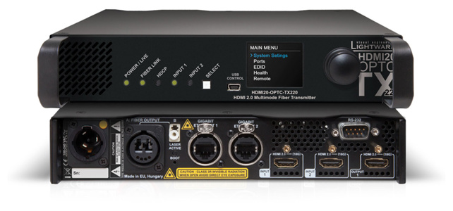 LIGHTWARE HDMI20-OPTC-TX220-PCN: Designed for rental and professional users, 1/2 rack width Pro series HDMI2.0 to fiber transmitter, 700m extension. Full 4K HDMI 2.0 and HDCP 2.2 compliant, 4K@60Hz with RGB 4:4:4 colorspace, 18 Gbit/sec bandwidth.
