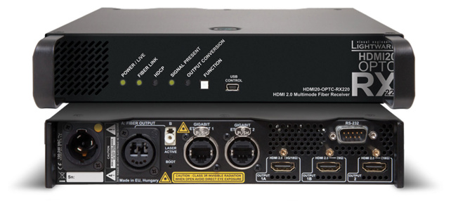 LIGHTWARE HDMI20-OPTC-RX220-PCN: Designed for rental and professional users, 1/2 rack width Pro series fiber to HDMI2.0 receiver, 700m extension. Full 4K HDMI 2.0 and HDCP 2.2 compliant, 4K@60Hz with RGB 4:4:4 colorspace, 18 Gbit/sec bandwidth.