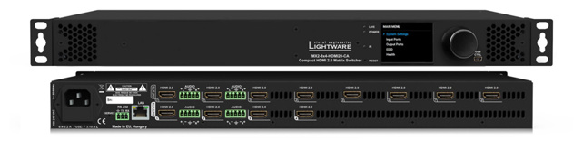 LIGHTWARE MX2-8x4-HDMI20-CA: 8 input  and  4 output Full 4K HDMI 2.0 and HDCP 2.2 standalone matrix with analog audio ports. 4K@60Hz with RGB 4:4:4 colorspace, 18 Gbit/sec bandwidth. RS-232, Ethernet and USB control options, Pixel Accurate Reclocking.