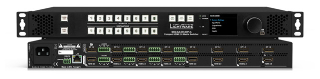 LIGHTWARE MX2-8x8-DH-8DPi-A: 8  DP 1.2 input and  8 HDMI 2.0 output Full 4K HDCP 2.2 standalone matrix with analog audio ports. 4K@60Hz with RGB 4:4:4 colorspace, 18 Gbit/sec bandwidth. RS-232, Ethernet and USB control options, Pixel Accurate Reclocking.