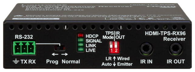 LIGHTWARE HDMI-TPS-RX96: HDMI1.4 + Ethernet + RS-232 + bidirectional IR HDBaseT receiver over CATx cable. HDCP, 3D and 4K / UHD  ( 30Hz RGB 4:4:4 , 60Hz YCbCr 4:2:0)  compliant. 170m extension distance.