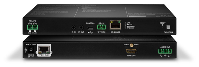 LIGHTWARE HDMI-TPS-RX110AY-Plus: HDMI1.4 + balanced analog audio de-embedding + 2 x Relay + Ethernet + RS-232 + bidirectional IR HDBaseT receiver over CATx cable including PoE with advanced control functions.