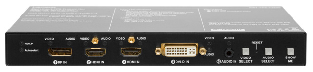 LIGHTWARE SW4-TPS-TX240-Plus: DP1.1, DVI, 2x HDMI1.4  + Ethernet + RS-232 + bidirectional IR with local HDMI output standalone switcher and HDBaseT transmitter for  CATx cable with advanced control functions. Stereo local analog audio embedding.