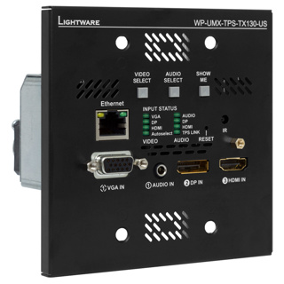 LIGHTWARE WP-UMX-TPS-TX130-Plus-US Black: HDMI1.4, VGA, DP1.1 + Ethernet + RS-232 + bidirectional IR HDBaseT wallplate transmitter for CATx cable with advanced control functions. HDCP, 3D and 4K / UHD  ( 30Hz RGB 4:4:4 , 60Hz YCbCr 4:2:0)  support.