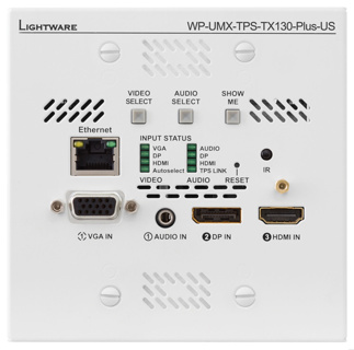 LIGHTWARE WP-UMX-TPS-TX130-Plus-US White: HDMI1.4, VGA, DP1.1 + Ethernet + RS-232 + bidirectional IR HDBaseT wallplate transmitter for CATx cable with advanced control functions. HDCP, 3D and 4K / UHD  ( 30Hz RGB 4:4:4 , 60Hz YCbCr 4:2:0)  support.