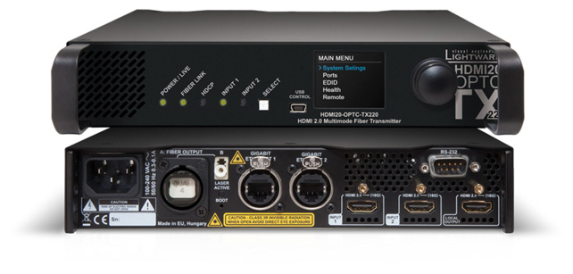 LIGHTWARE HDMI20-OPTC-TX220-NTQ: Designed for rental and professional users, 1/2 rack width Pro series fiber to HDMI2.0 receiver, 700m extension. Full 4K HDMI 2.0 and HDCP 2.2 compliant, 4K@60Hz with RGB 4:4:4 colorspace, 18 Gbit/sec bandwidth.