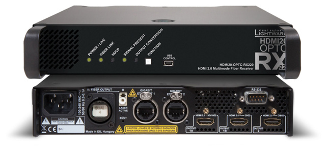LIGHTWARE HDMI20-OPTC-RX220-NTQ: Designed for rental and professional users, 1/2 rack width Pro series HDMI2.0 to fiber transmitter, 700m extension. Full 4K HDMI 2.0 and HDCP 2.2 compliant, 4K@60Hz with RGB 4:4:4 colorspace, 18 Gbit/sec bandwidth.