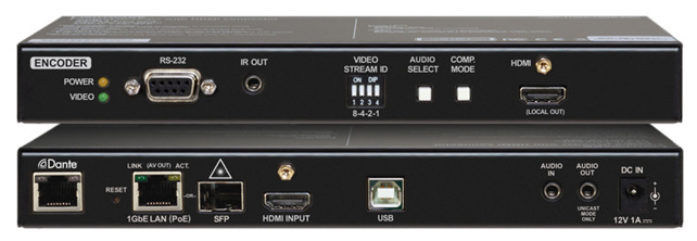 LIGHTWARE VINX-120AP-HDMI-ENC-DNT: IP based encoder with PoE via a Gigabit Ethernet network with Dante audio.  HDMI local output, Analog audio input/output. 4K / UHD (30Hz RGB 4:4:4 , 60Hz YCbCr 4:2:0) are supported. Advanced EDID Management.