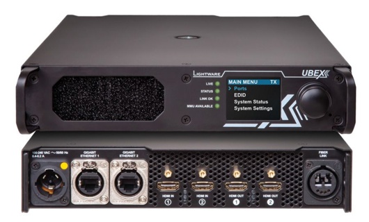 LIGHTWARE UBEX-Pro20-HDMI-R100 2xMM-2xDUO: 4K UHD @ 60Hz 4:4:4 uncompressed AV over IP via  20 Gbps designed for rental and professional users; dual channel 4K transmitter or receiver with scaling.