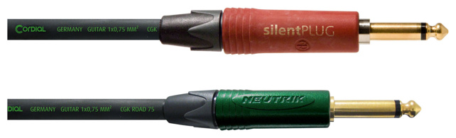 CORDIAL 9,0 m, NEUTRIK plug 6,3 mm mono SILENT red gold / plug 6,3 mm mono CC green