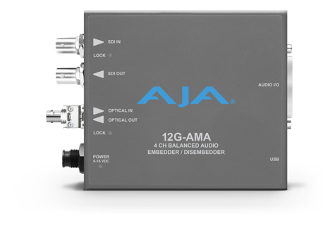 AJA 12G-AMA-T-ST 12G-SDI 4-channel balanced analog audio embedder/disembedder with single ST fiber transmitter