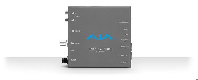 AJA IPR-10G2-HDMI Single channel SMPTE ST 2110 video and audio IP Decoder to HDMI with hitless switching