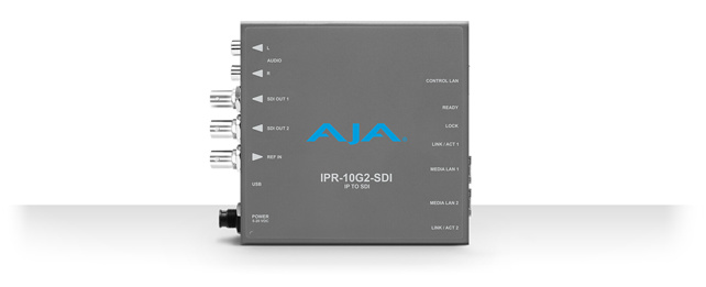 AJA IPR-10G2-SDI Single channel SMPTE ST 2110 video and audio IP Decoder to SDI with hitless switching
