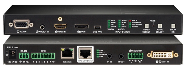 LIGHTWARE UMX-TPS-TX140K: HDMI1.4, VGA, DVI, DP1.1 + USB KVM + Ethernet + RS-232 + bidirectional IR standalone HDBaseT transmitter for CATx cable. HDCP, 3D and 4K / UHD  ( 30Hz RGB 4:4:4 , 60Hz YCbCr 4:2:0)  support. 170m extension distance.