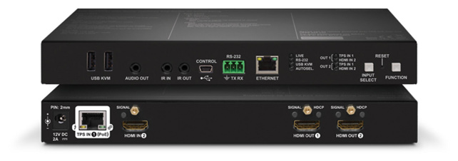 LIGHTWARE HDMI-TPS-RX220AK: HDMI1.4 + USB KVM + balanced analog audio de-embedding + 2 x Relay + Ethernet + RS-232 + bidirectional IR HDBaseT receiver over CATx cable including PoE. HDCP, 3D and 4K / UHD  ( 30Hz RGB 4:4:4 , 60Hz YCbCr 4:2:0)  compliant.