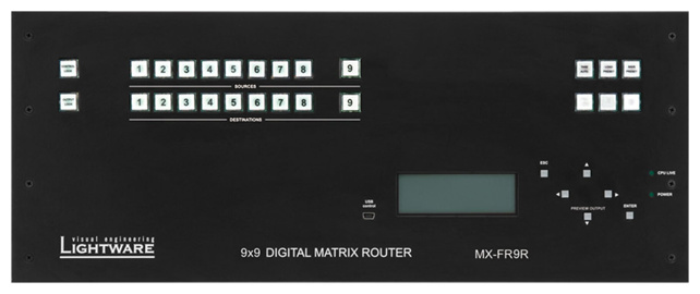 LIGHTWARE MX-FR9R: 9x9 digital crosspoint router frame with redundant power supplies. Built-in control panel and MX-CPU2, control over RS-232 and multiple IP connections. No I/O boards.