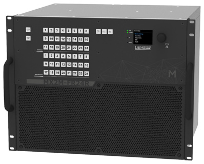 LIGHTWARE MX2M-FR24R-RFP: 24x24 modular crosspoint router frame with multilayer switching. Full 4K@60Hz with RGB 4:4:4 colorspace. No I/O boards. Power redundancy with 2x PSU supporting PoE remote power.