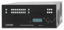 LIGHTWARE MX-FR9: 9x9 digital crosspoint router frame. Built-in control panel and MX-CPU2, control over RS-232 and multiple IP connections. No I/O boards.